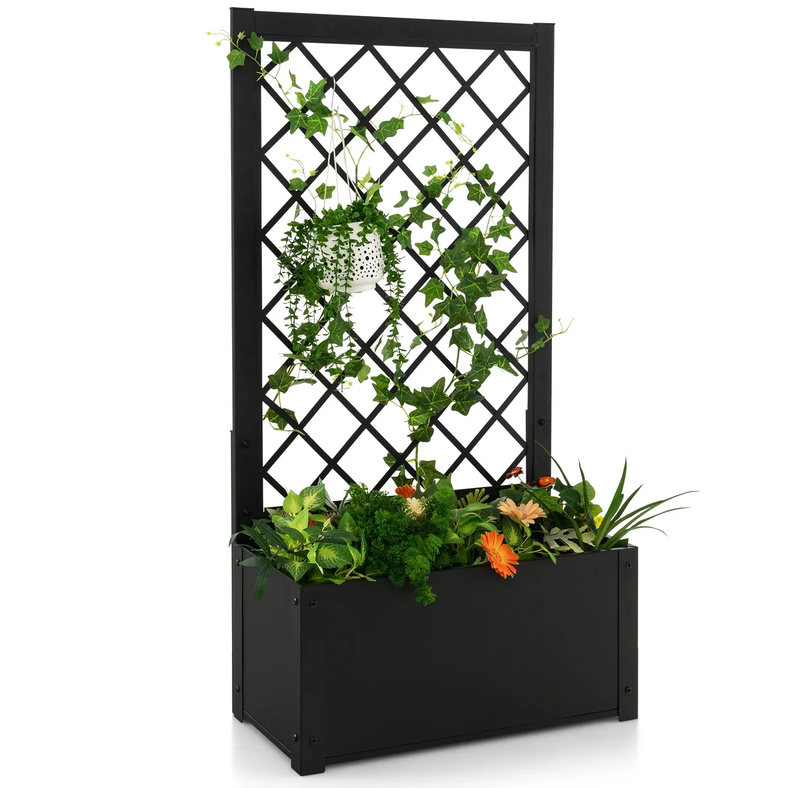

Raised Garden Bed with Trellis Metal Planter Box w/ Lattice for Climbing Plants