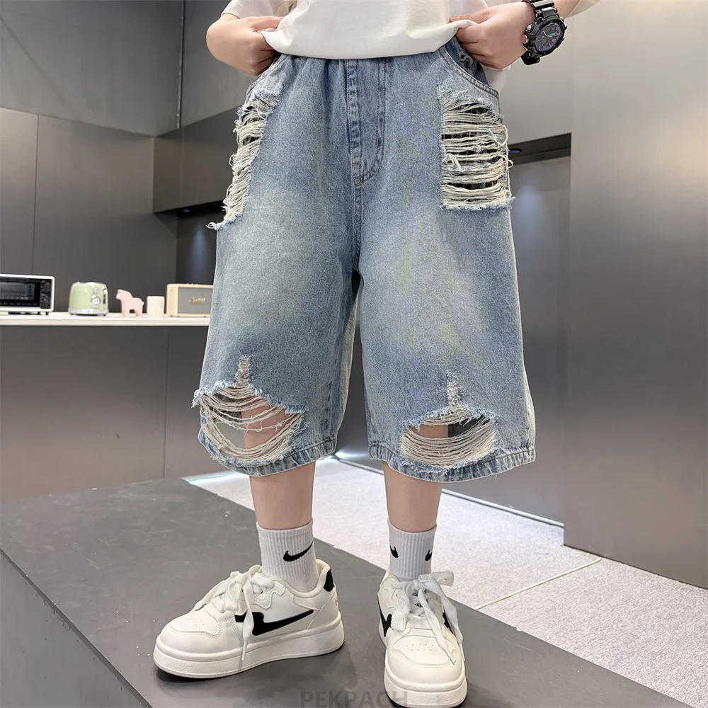 Cool Stylish Kids Boys Street Design Destroyed Broken Denim Shorts With Holes Children Fashion Streetwear Knee Length Capris