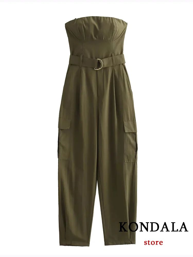 KONDALA Sexy ArmyGreen Tube Jumpsuit Women Sleeveless Belt Long Pants Fashion 2023 Autumn Strapless Jumpsuit Streetwear Bodysuit