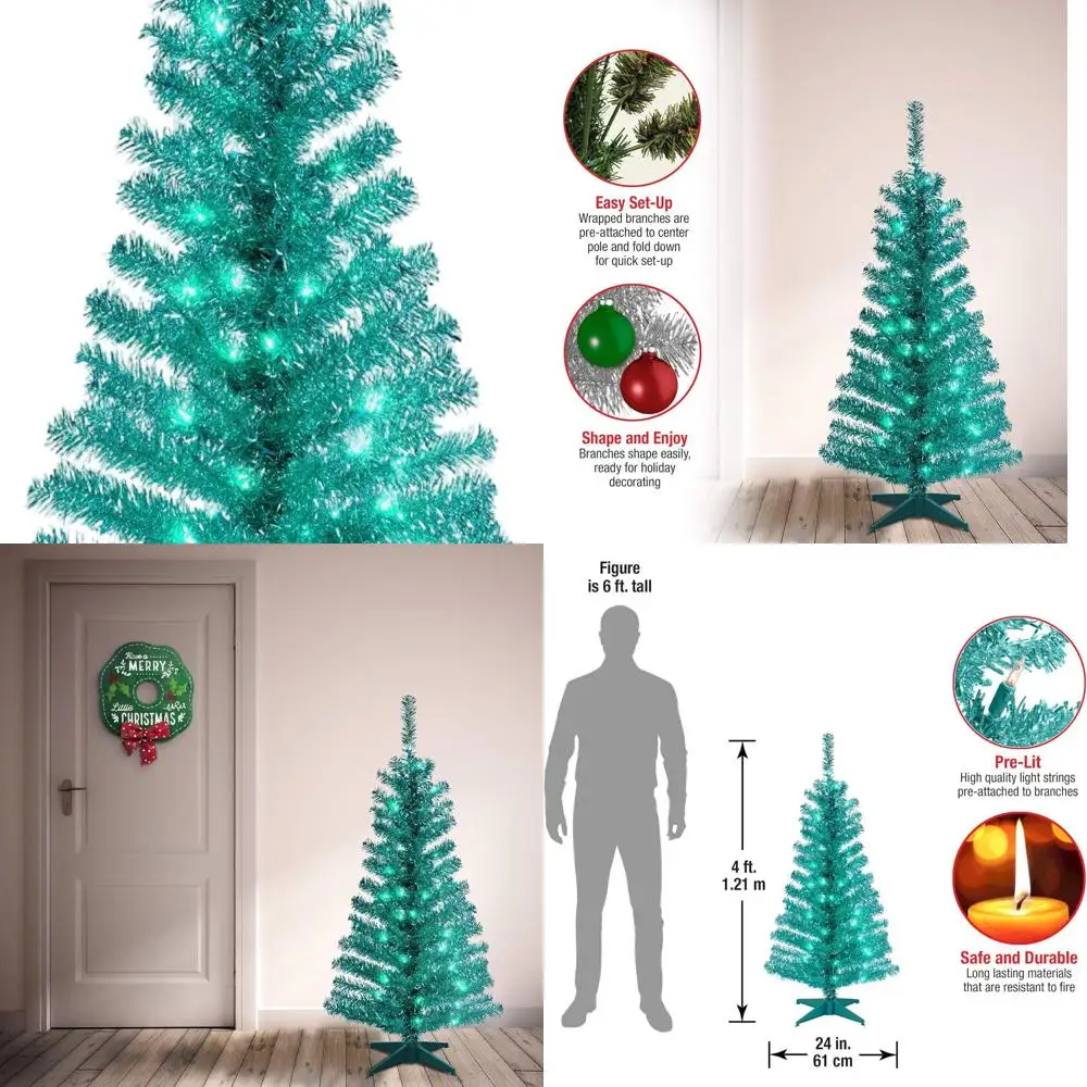 

Искусственная рождественская елка с бирюзовой мишурой на 70 лампочек, 110 насадок, высота 4 фута с подставкой