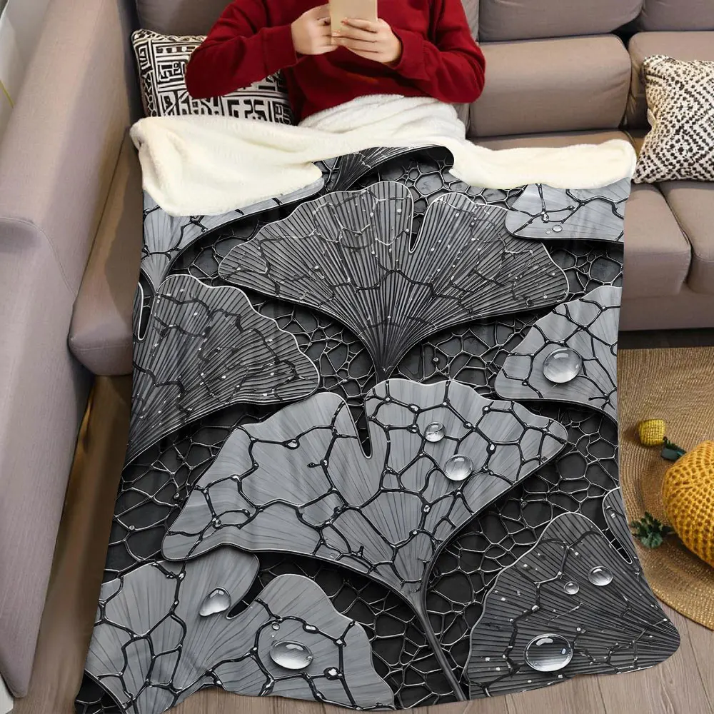 Metal Ginkgo Leaf Texture Flannel Blanket Warm Soft Halloween Christmas Decorative Couch Warm Cozy All-Season Gift