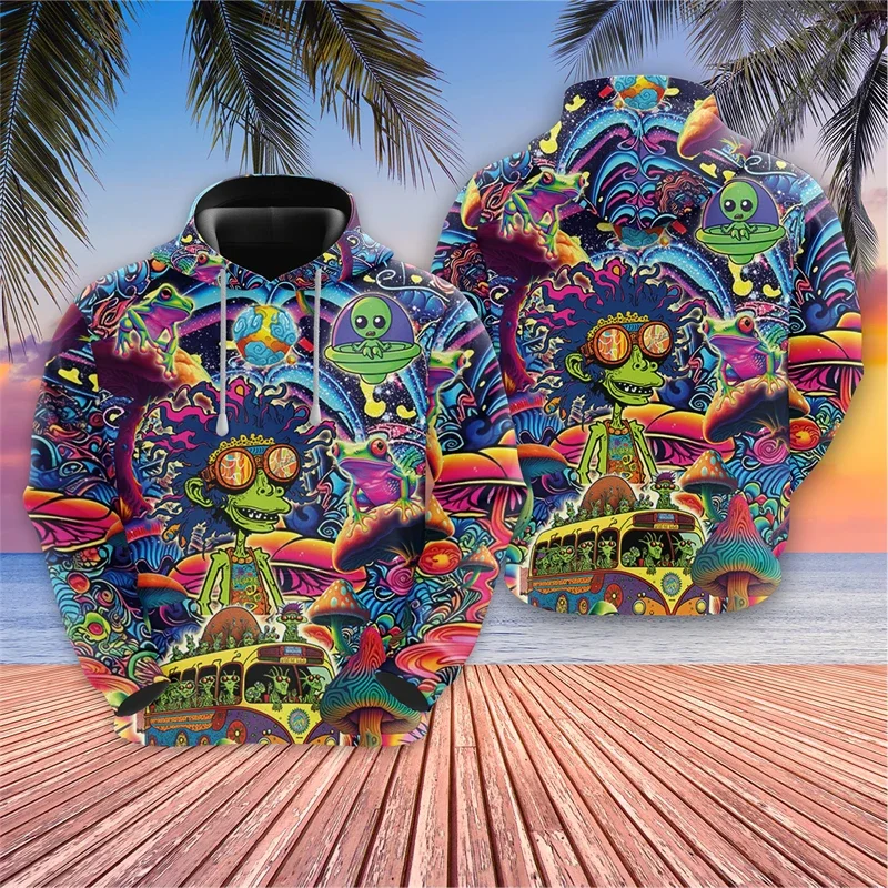Harajuku Fashion Alien Graphic Sweatshirts Trippy Mushroom Y2k Hoodies For Men Clothes Cartoon Boy Pullovers Hip Hop UFO Hoody
