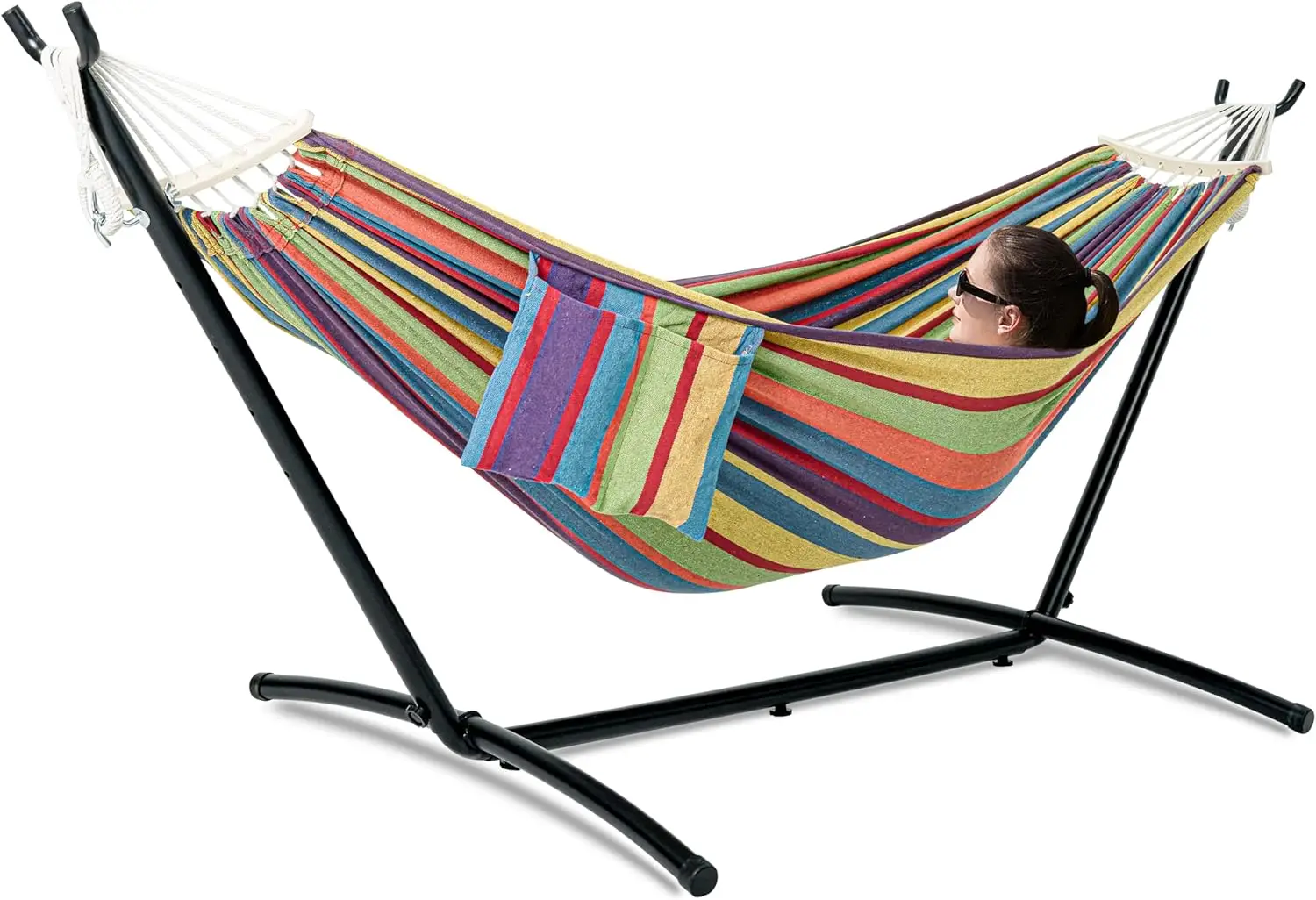 Double Hammock with Stand for Outside, Upgraded Spreader Bar, Heavy Duty Space Saving Steel Stand 2 Person, Side Pockets, Easy A
