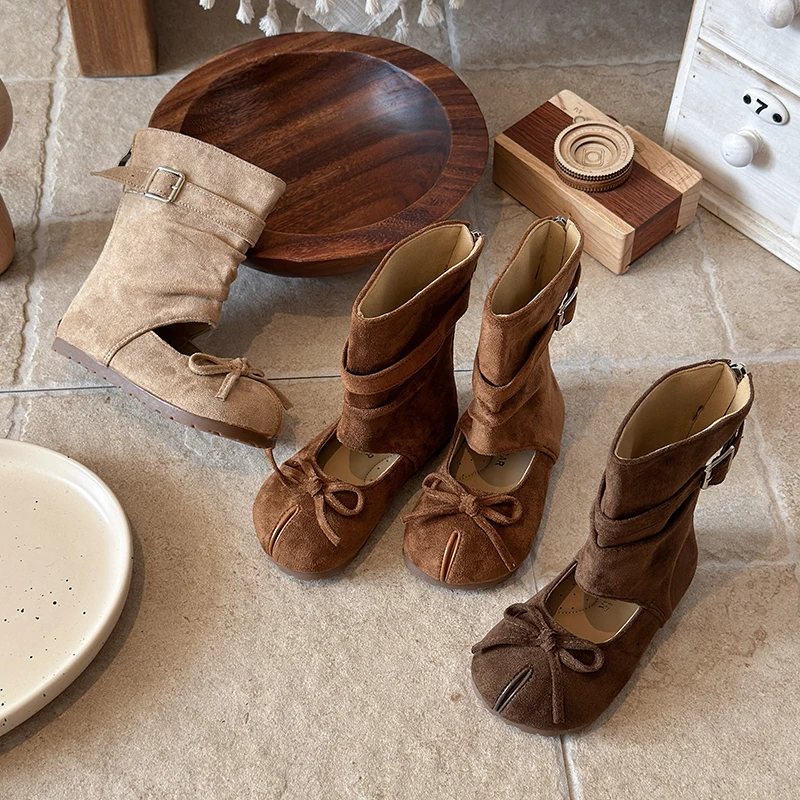Girls Ankle Boots with Bow-knot Children Short Leather Boots Hollow‑out Retro Style Children Princess Shoes Soft Sole Autumn New