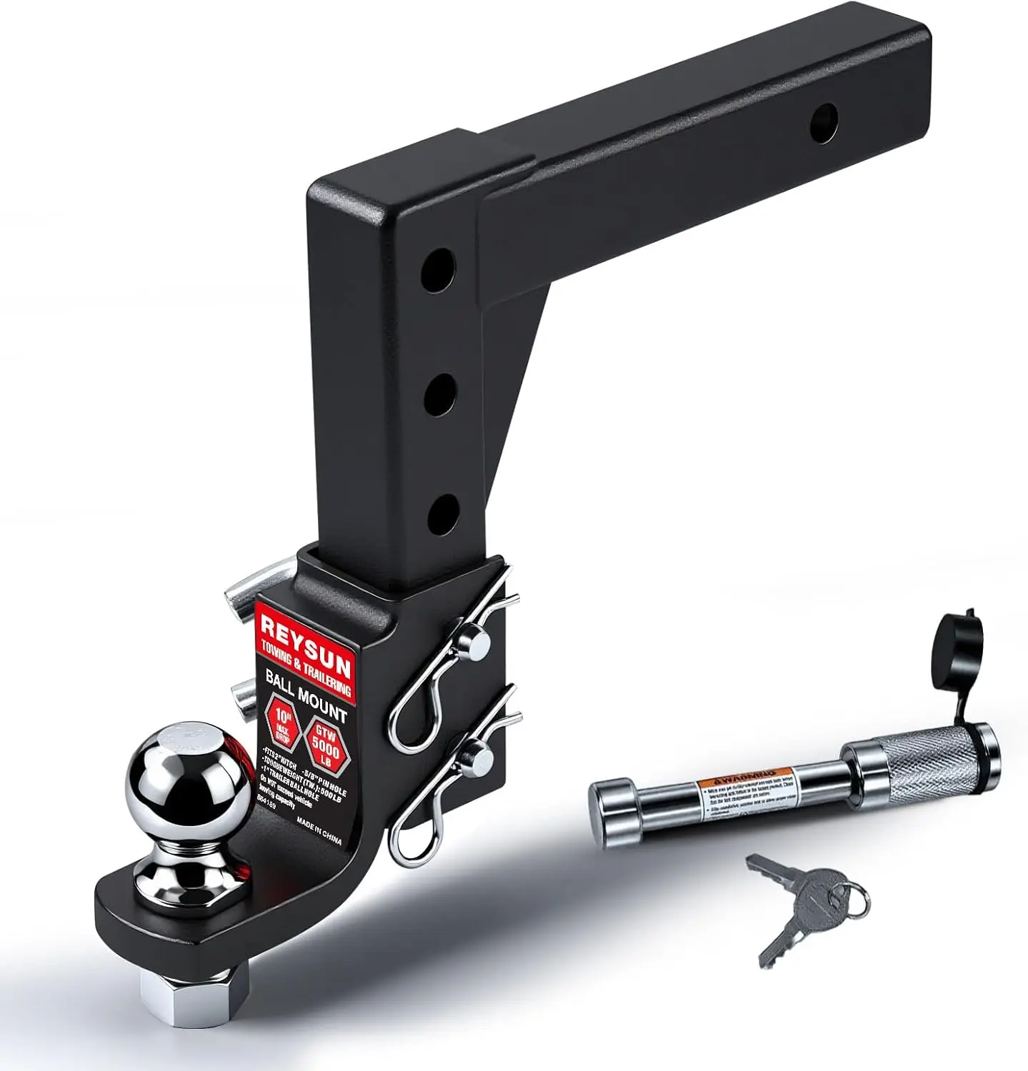 

Adjustable Trailer Hitch Ball Mount, 2' Hitch Ball, 5/8' Lock, 10' Drop, Fits 2' Receiver