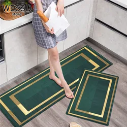 Green Kitchen Floor Mat With Geometric Borders Retro Simple Bedside Mat Soft Washable Kitchen Rug Set Toilet Floor Mat Long
