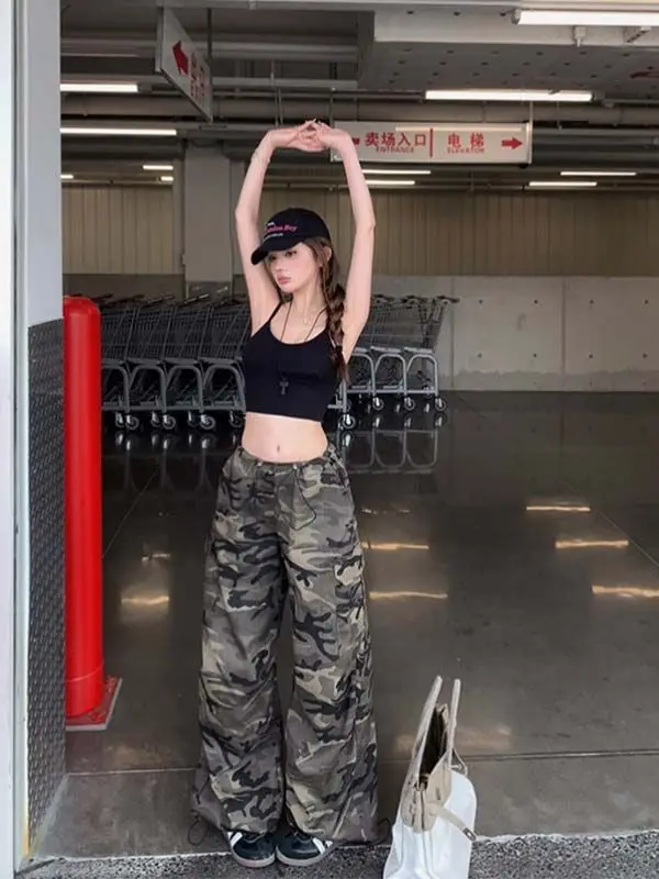 ريترو الرباط تصميم عارضة السراويل النسائية انفجار فضفاضة ورقيقة التمويه وزرة رياضية الشارع السراويل متعددة الاستخدامات