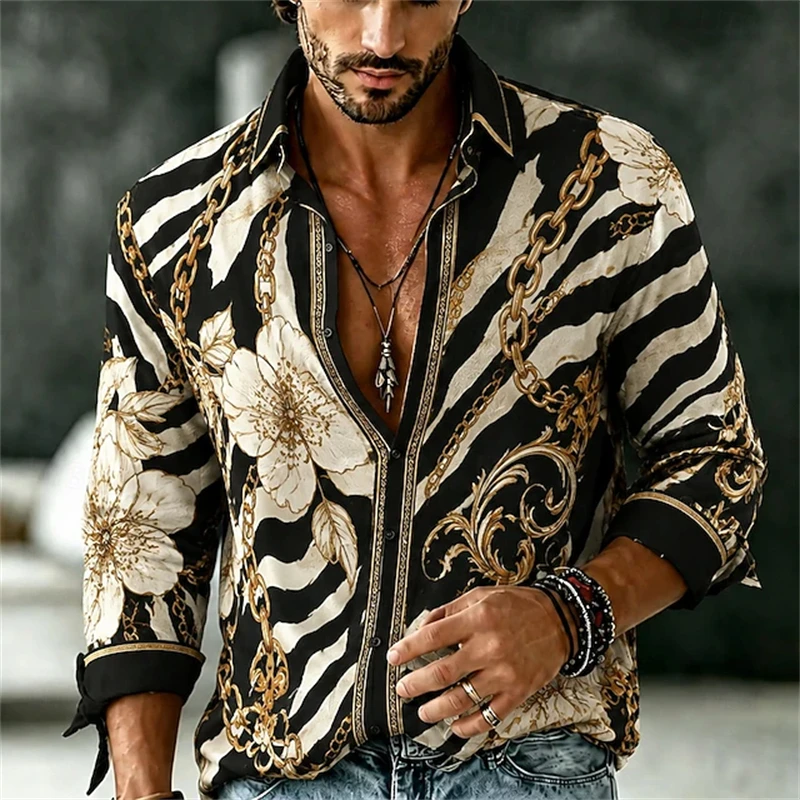 2026 Men's Vintage Long-Sleeve Shirt Minimalist Floral Print Stylish Collared Shirt Loose Fit Men's Top for Business Banquets