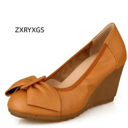 ZXRYXGS 2024 New Fresh Sweet Bowknot Women Genuine Leather Shoes Fashion Elegant Wedges Shoes High Heels Banquet Stylish Shoes