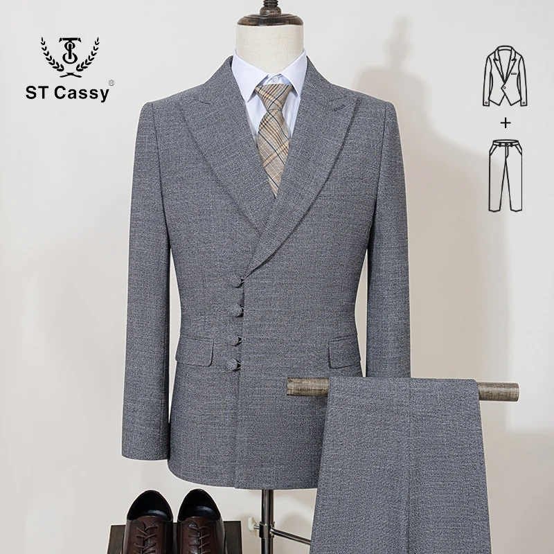 ST Cassy Elegant Men Suit for Wedding Slim Fit Double Breasted Multiple Buttons Casual Business Man 2 Piece Set Party Outfit