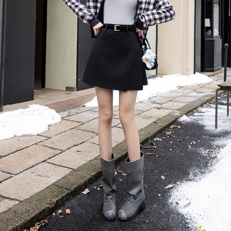 Seoulish outono inverno de lã feminina a linha saias curtas com cinto cintura alta escritório plissado envoltório mini saias femininas 2025 novo