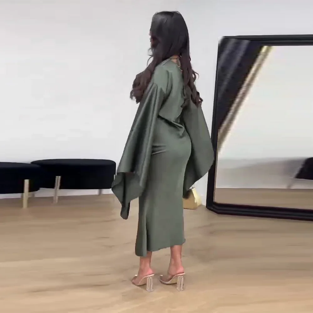 أنيقة الصلبة المرأة 2025 فساتين راقية طويلة الخفافيش كم سوينغ طوق Ruched شق عادية رسمية أنيقة فساتين لحفلات الكوكتيل