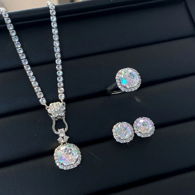 Rose Cut Colorful Octagonal Zircon Full Diamond Necklace Pendant Light Luxury Open Ring Earrings