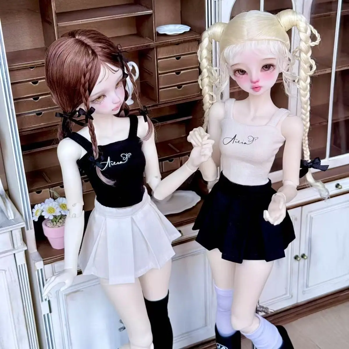 1/4 ملابس دمى ل 45 سنتيمتر Bjd دمية فتاة اللعب فستان متقلب قميص أعلى الجوارب فستان اللعب منزل إكسسوارات دمي ، لا دمية