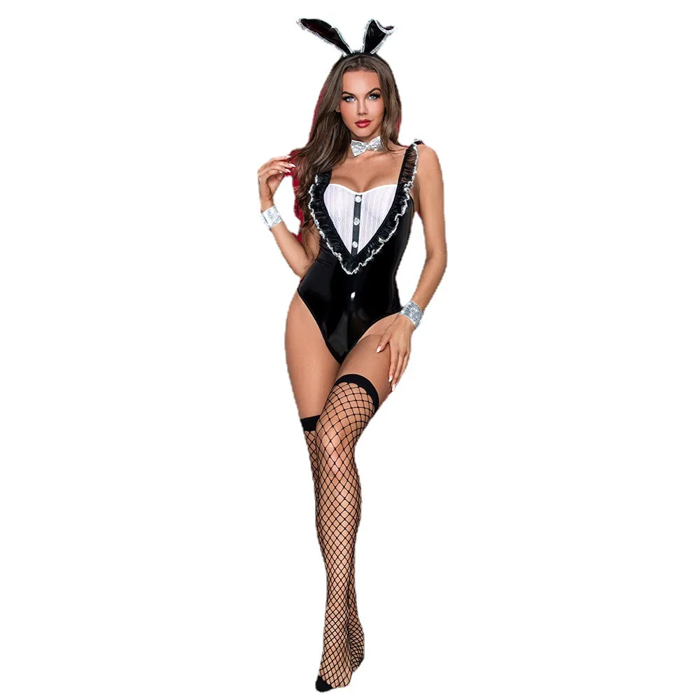 5 pezzi 2022 effetto bagnato in pelle sexy gioco di ruolo per adulti tuta con orecchio lungo di coniglio donna coniglietto tuta ragazza costume cosplay