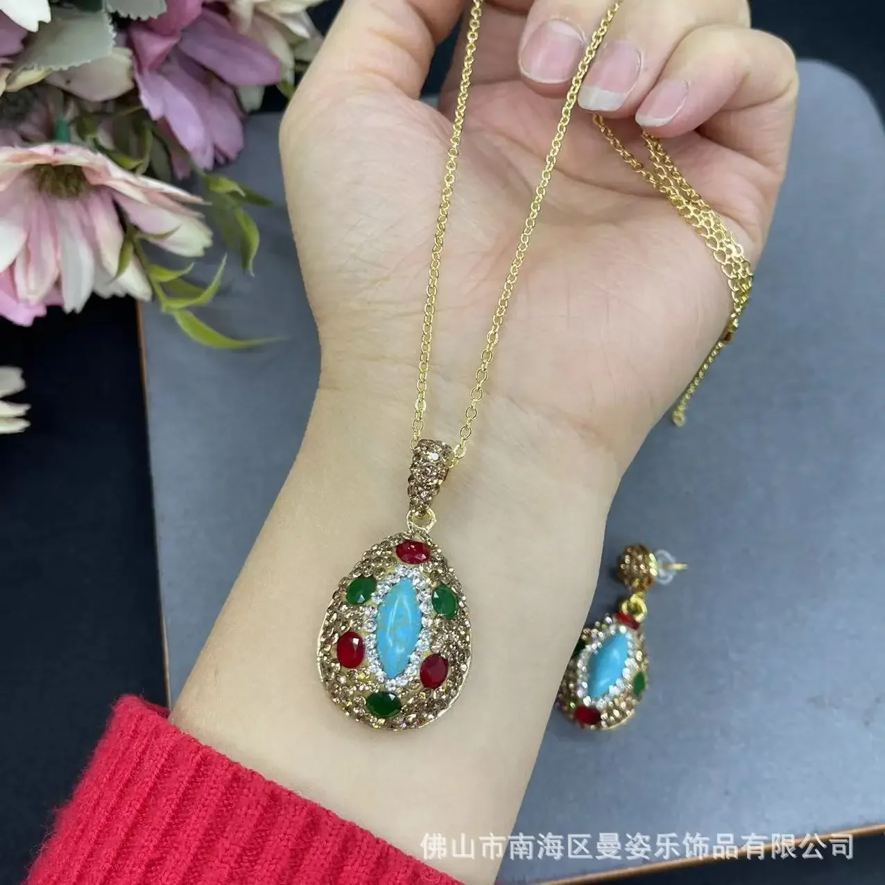 Horse eye turquoise inlaid ruby three-piece set personalized exaggerated design European and American jewelry fac