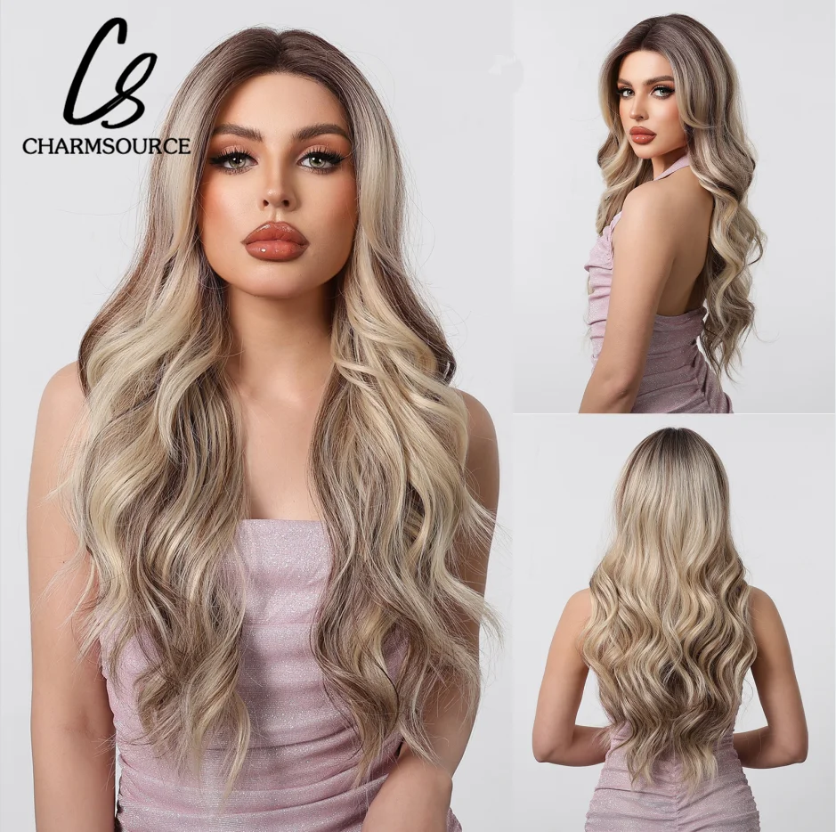 

CharmSource Synthetic Lace Wig Brown Ombre Blonde Lace Front Wigs Long Wavy with Dark Root Wigs for Women Daily Cosplay