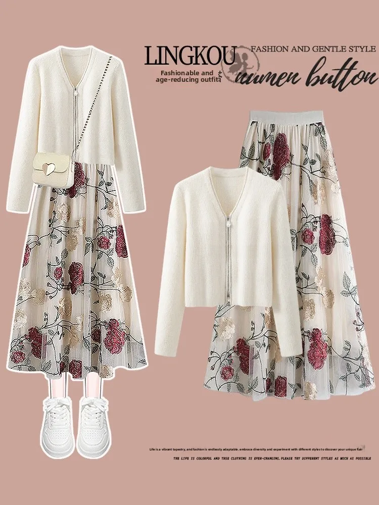 

Spring Fashion Knitted Set Women Soft Floral Skirt Long Sleeve V-Neck Zipper Closure Two-Piece Outfit Elegant Ageless Te...