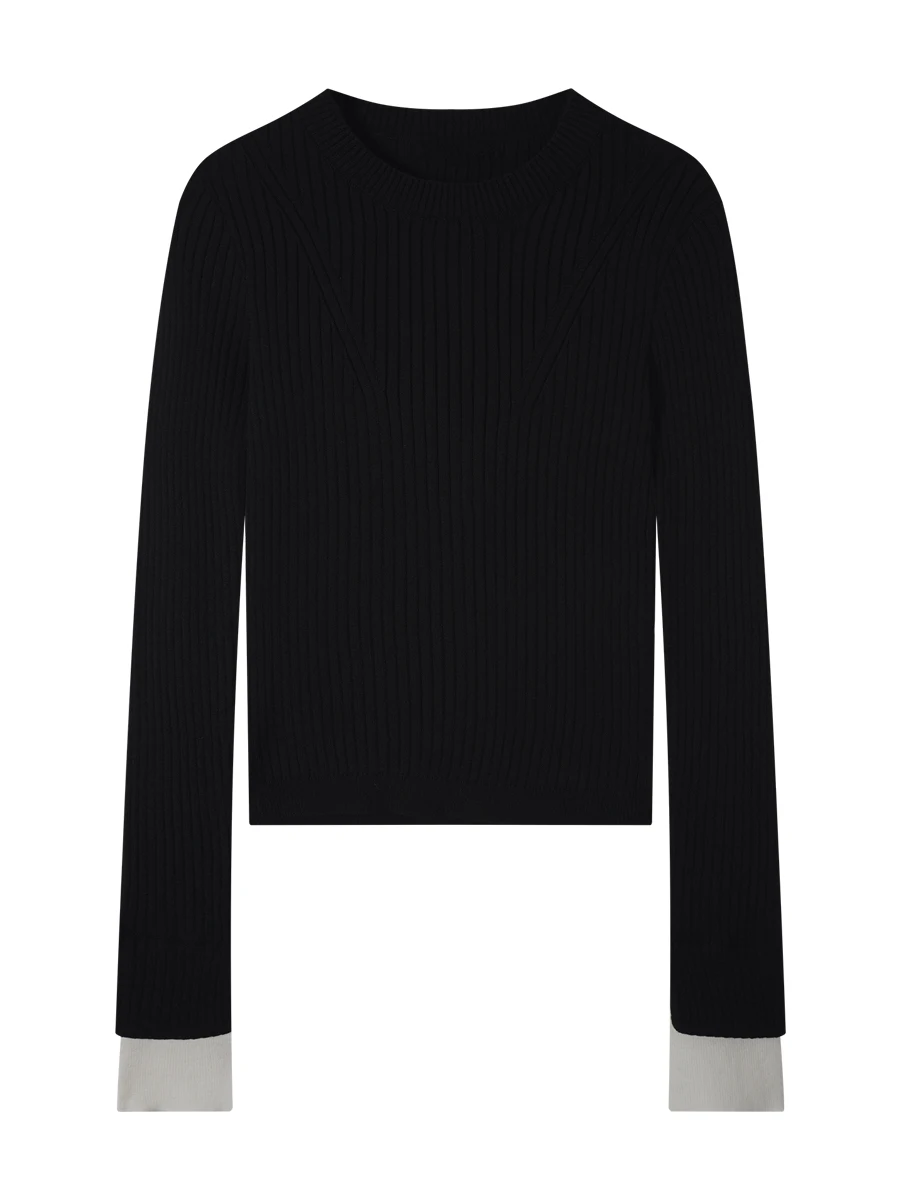 

IAMCPLUS 2025AW Облегающий вязаный топ с контрастными вставками, черно-белый пуловер с круглым вырезом для женщин