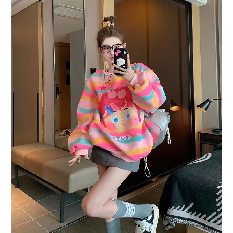 INS Lovely Y2K Striped Cartoon Egirls Hoodie O-neck Pullover Autumn Winter Kawaii Sweatshirt Korean Fashion Couples Harajuku Top