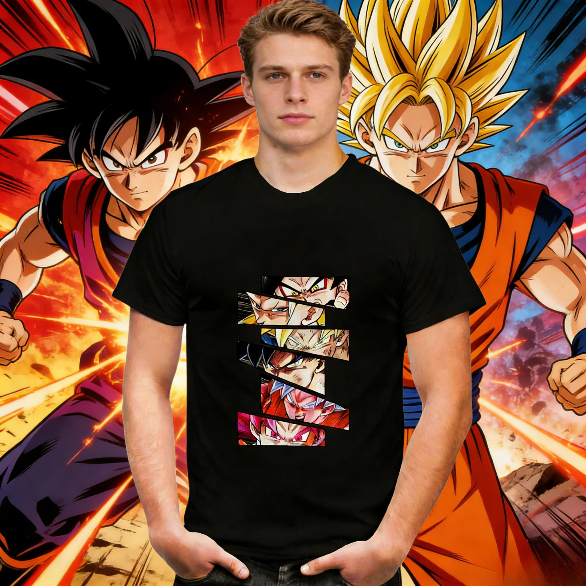 2026 Summer Dragon Ball Multi-Character Manga Slice Vintage Anime T-shirt Men's Pure Cotton Casual Loose Sports Daily Top