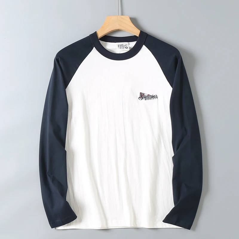 2025 Spring New American Retro Long Sleeve O-neck Letter Embroidery T-shirt Men's Fashion 100% Cotton Washed Casual Sport Tops