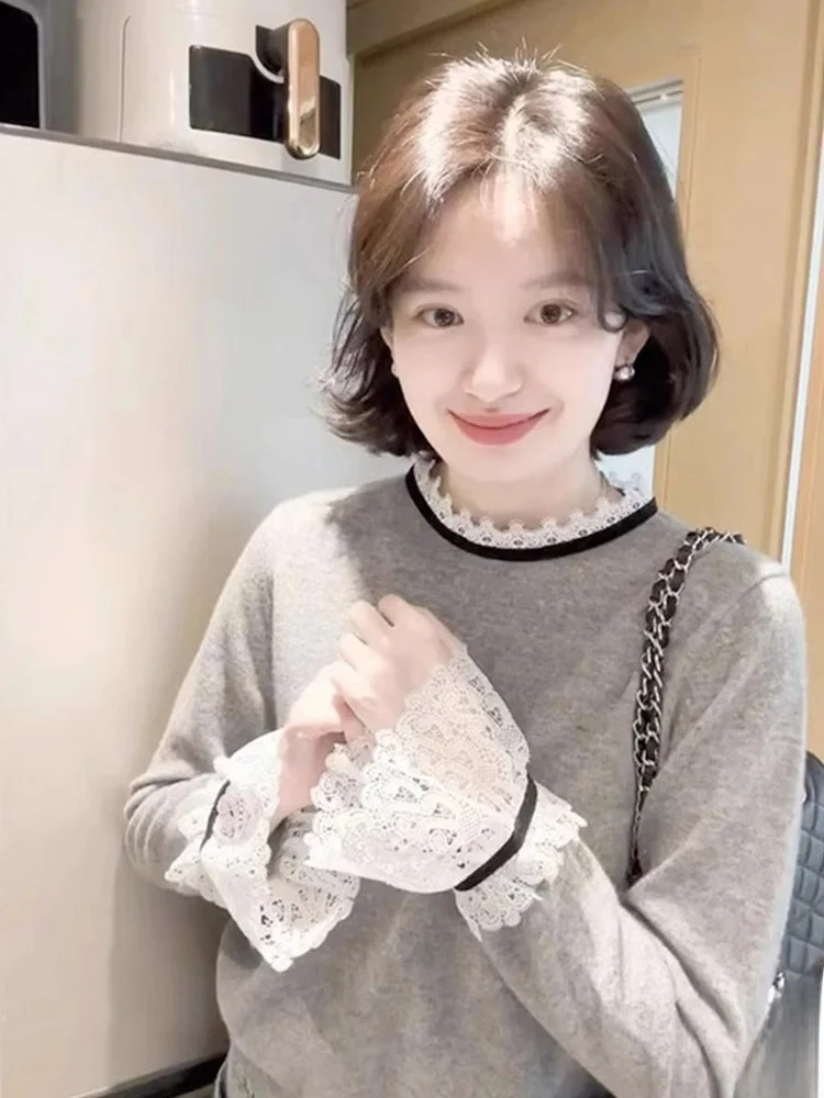 

Ele Comfortable Lace Splice Knitted Long Sve Loose Top Trendy Lazy Sle Pullover Sweater Korean Sle Commute Faion