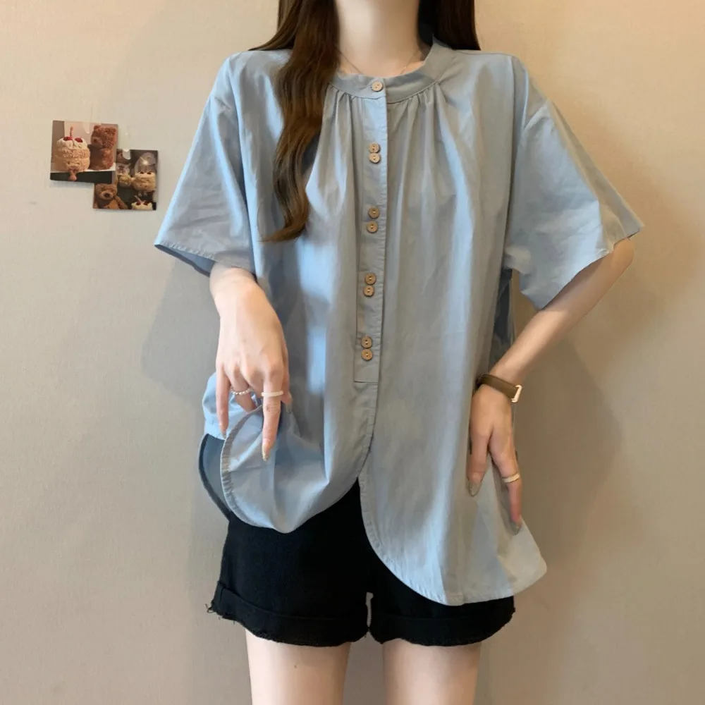 

Fashion Short Sleeve Shirt Women Casual Versatile Loose Round Neck Blue Blouse Top