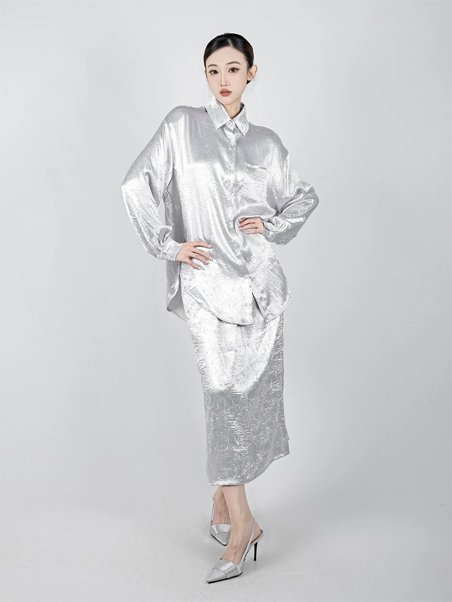 

Silver Satin Women's Outfit Loose Drapey irt Ba Split Skirt Two-Piece Set French Sle Long Sve Regular...