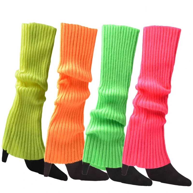 2024 Women Halloween 80s Neon Colored Knit Leg Warmers Ribbed Bright Footless Sock Punk Black Knee High Gothic Hip-hop Rock Sock