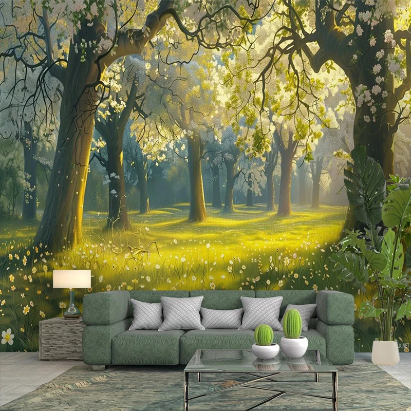 1PC Golden Sunlight Forest Flower Print Backdrop Banner, Bedroom Living Room Photo Background, Polyester, Home Decor, Wall Art