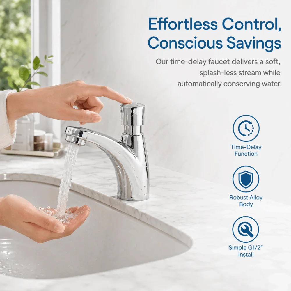 Alloy Faucet Single Cold Automatic Shut Off Water Tap Time Delay Mechanism Self Closing Sink Tap Public Restroom