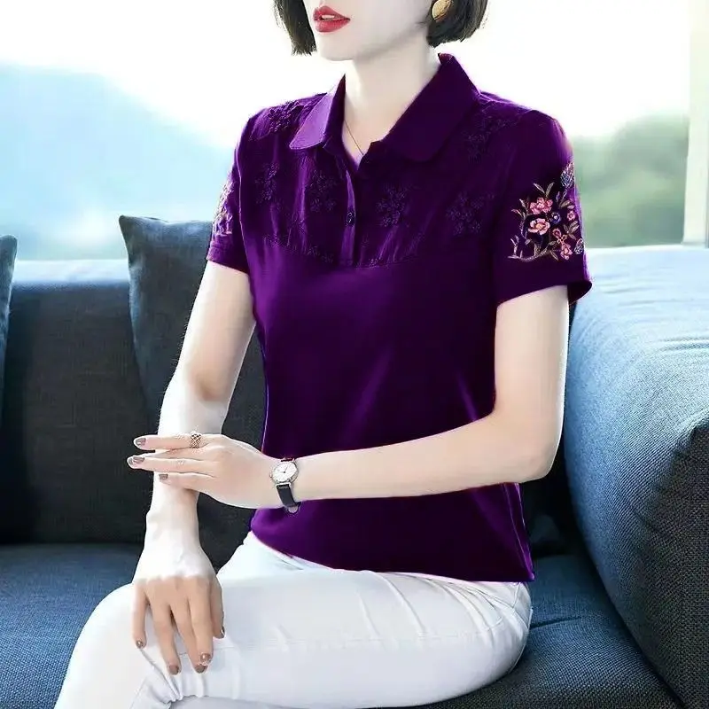 Summer New Turn-down Collar Short Sleeve Button Polo Shirts Women Solid Color Embroidered Pullovers Pure Cotton All-match Tops