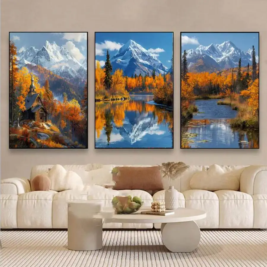 3 Piece Set Diamond Painting Kits Snow Mountain Scenic River Full Mosaic Embroidery Triptych Landscape Diy Rhinestone Picture