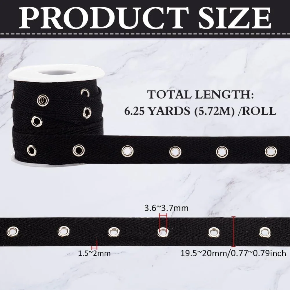6.25 Yards Black Cotton Grommet Eyelet Twill Tape Trim 3/4 inch Wide Silver Metal Eyelet Ring Ribbon Strip for Sewing Crafts view 2