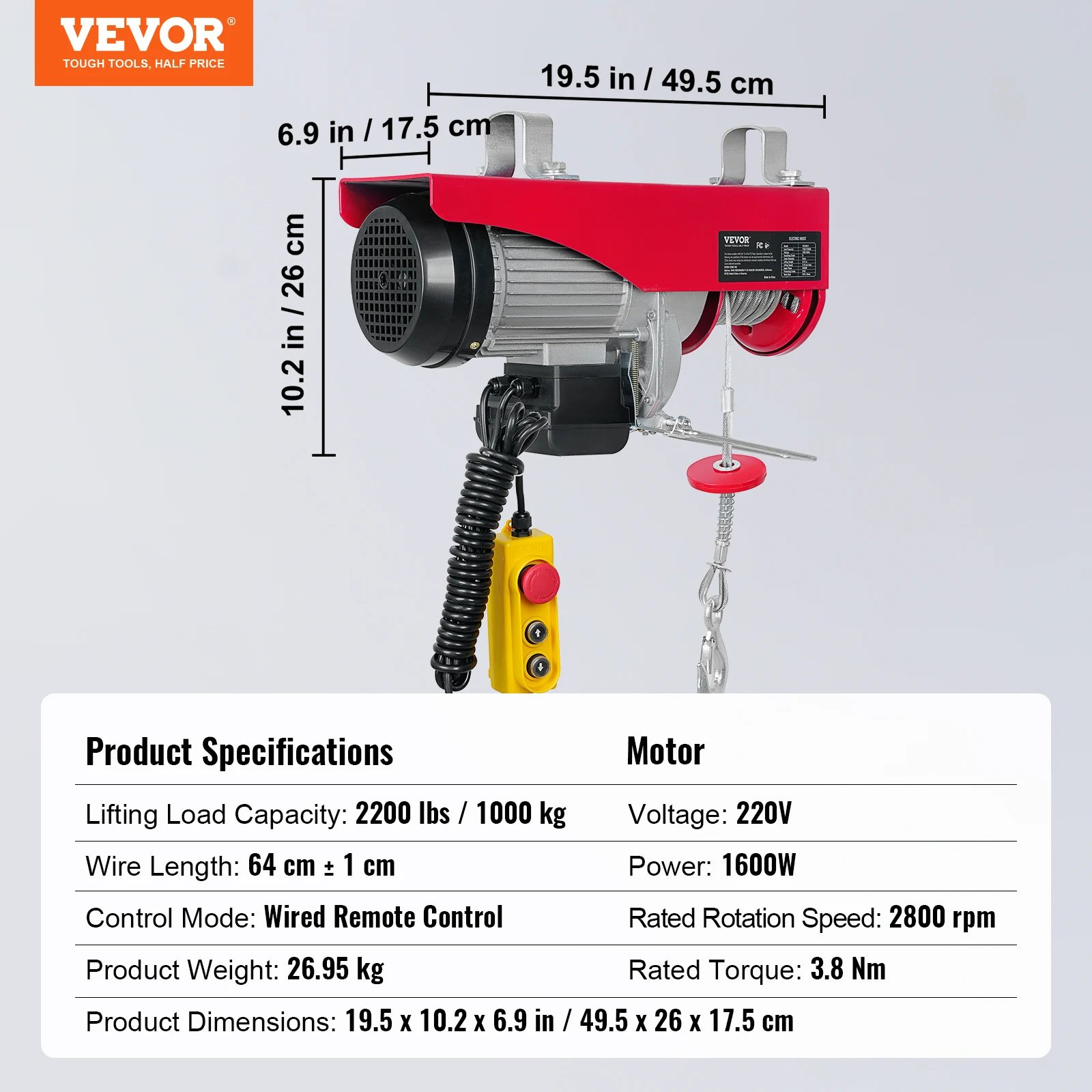 SucceBuy 880/1760/2640lbs bedrade elektrische takel met 40ft hefhoogte en zuiver koperen motor elektrische staaldraadlier voor garage