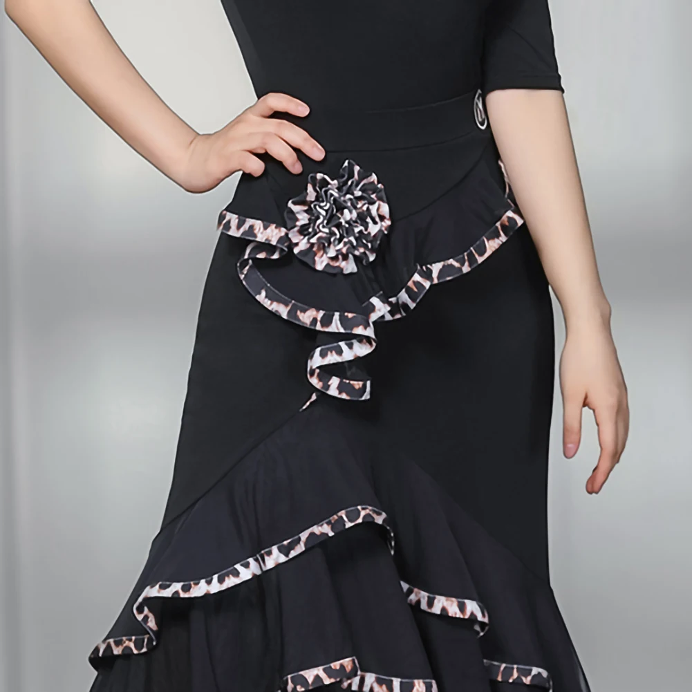 Women's Practice Ballroom Dance Dress New Ballroom Dance Line Collar suit Short-sleeved Shirt Dress Leopard Print Stage Dress