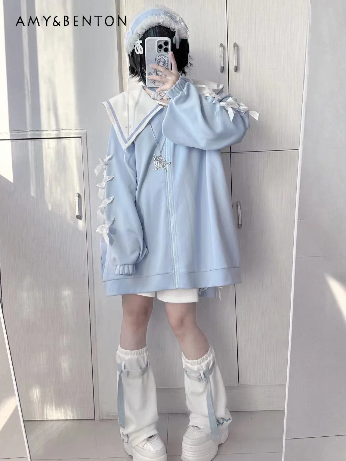 Japanese Mine Mass-Produced Water Color System Sailor Collar Bow Bandage Coat Short Sets Sweet Kawaii Oversized Gothic Outfits