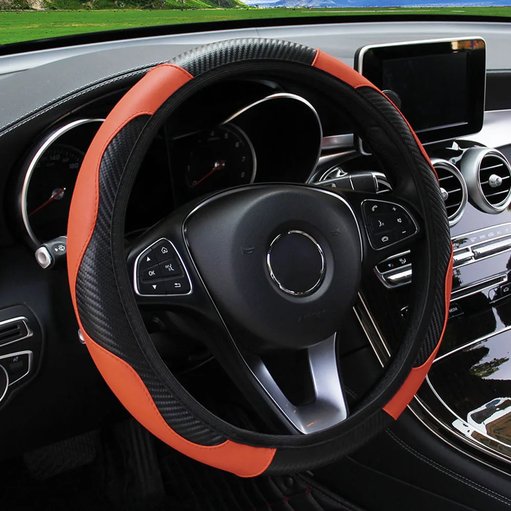 Universal Fit PU Koolstofvezel Lederen Auto Stuurhoes 14.5-15 Inch Geen Binnenring Vereist Voertuig Decoratie accessoire