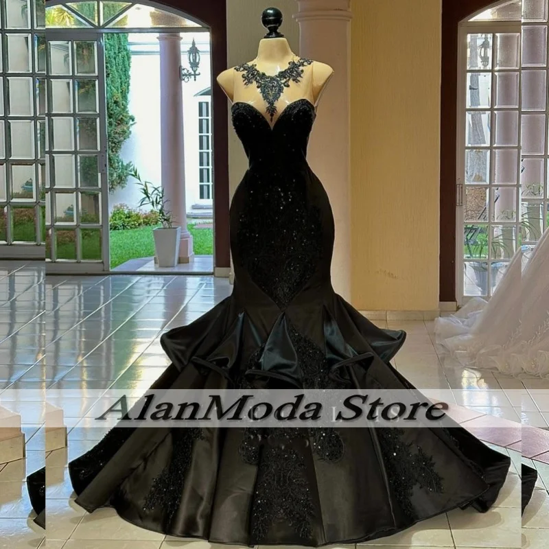 Vestidos de Noche formales para mujer, Apliques de encaje con cuello transparente, vestidos de fiesta de sirena, lentejuelas negras, vestido de invitados de boda