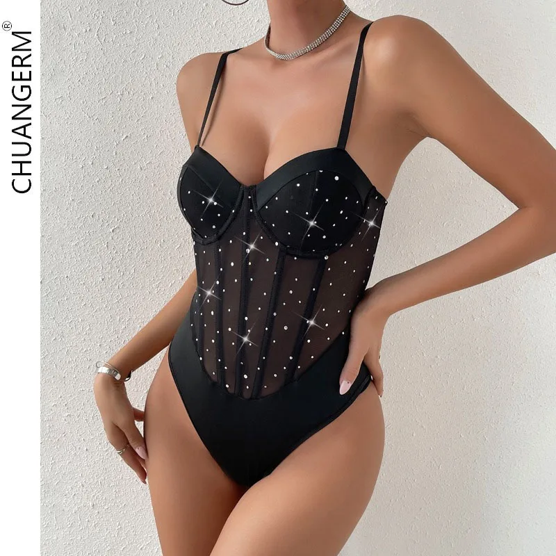 

CHUANGERM Sexy Bodysuits Women Black Bodycon Sleeveless One Pieces Mesh Glitter Rhinestone Backless Fishbone Jumpsuits Onesies