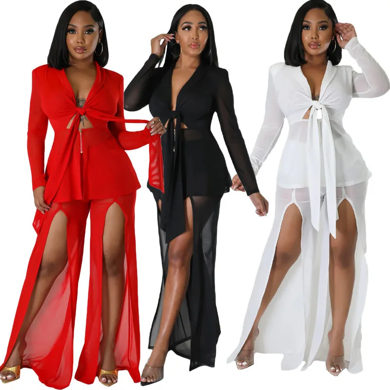 

2025wail-controlled lace-up small suit fashion solid color long sleeve slit two-piece set