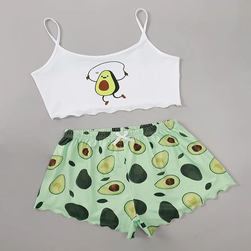 Summer Ladies Sexy Camisole Top Shorts Two Piece Avocado Printed Loungewear Sleeveless Tank Top Green Elastic Waist Women S M L