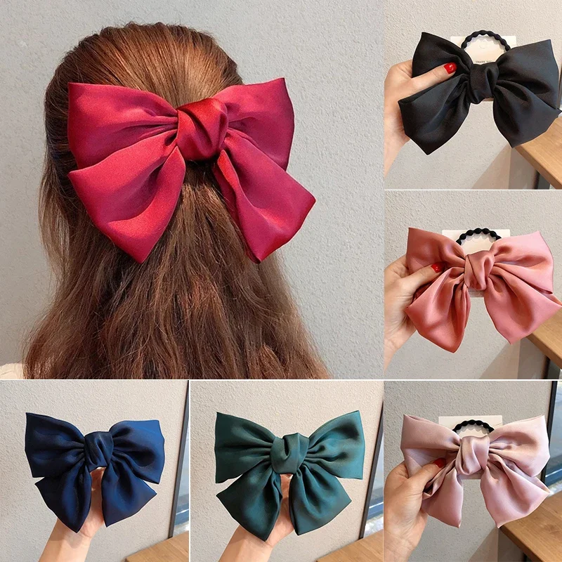 Elastic Hair Bandas para mulheres, grandes arcos de seda, laços, bandas de borracha sólida, grampos de cabelo, acessórios para meninas, presilhas