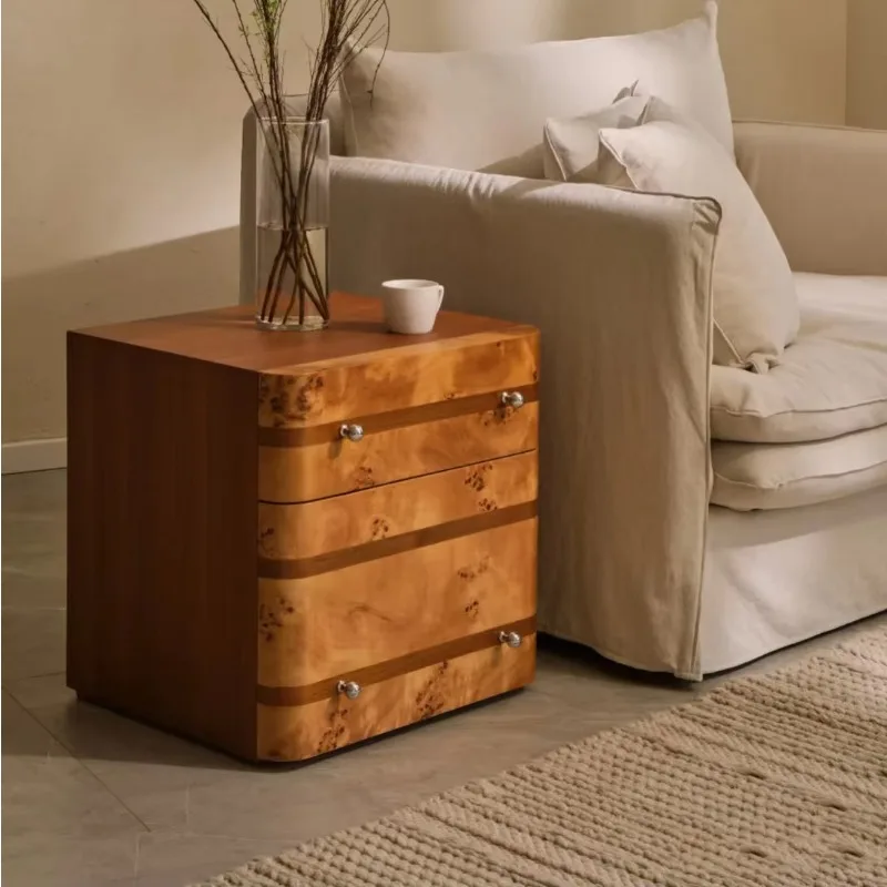 

French retro design solid wood bedside table with tree knot leather surface, retro style bedroom handmade locker