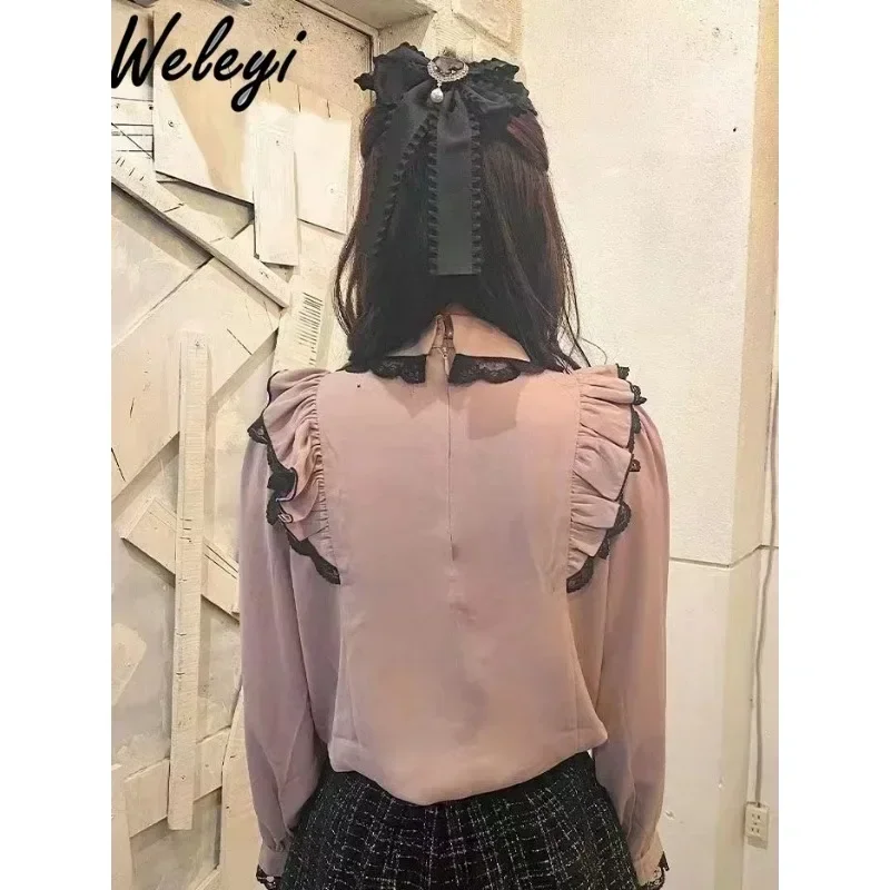 Jirai Kei Sweet Rojita Shirt top donna moda giapponese 2024 Summer Mine Mass product Doll Collar Bow camicie di pizzo a forma di cuore