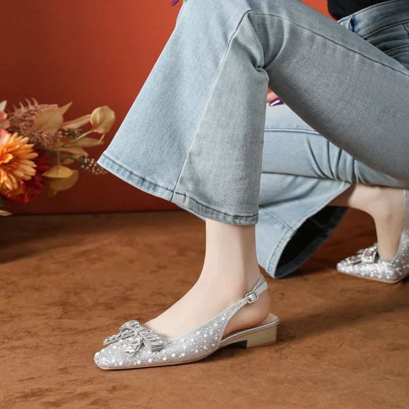 

Full-diamond bow-tie closed-toe silver women's shoes with soft and comfortable soles Stunning French-style square-toed crystal