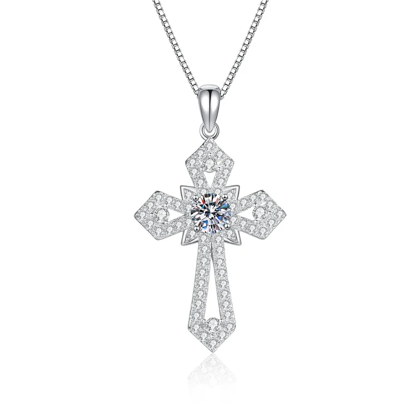 

ZFSILVER Fashion Trendy Classic 925 Silver 1ct Moissanite Design Cross Necklace Charm Women Accessories Party Jewelry Gift XL424