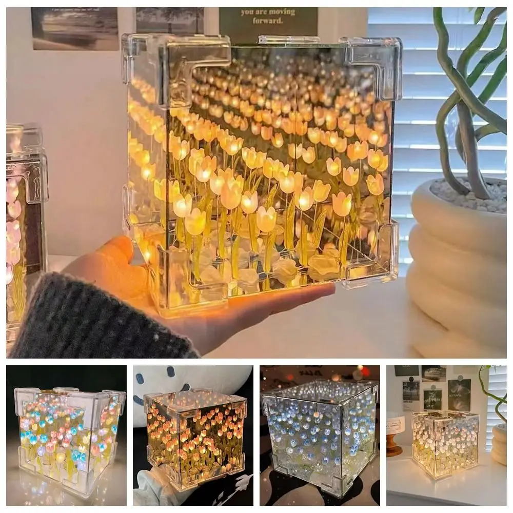 

New Acrylic Tulip Night Light Handmade DIY 21 Flowers LED Decorative Nights Lamp Creative Magic Cube Mirror Birthday Gifts