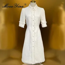 MoaaYina New Style Fashion Designer Women's Dress Turn-Down Collar Half Sleeved Button Design Vintage Solid Color Cotton Dresses